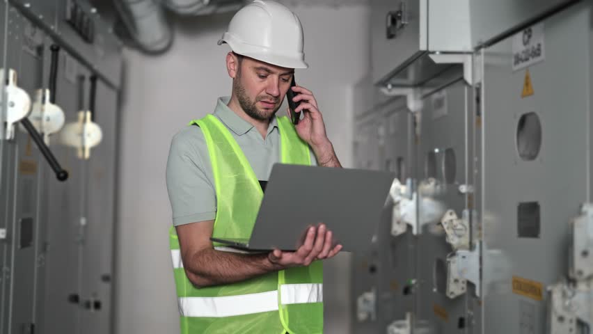 Professional electrical engineer in hard hat and reflective vest diligently works in an electrical control room. He carefully reviews information on a laptop while having a serious phone conversation.
