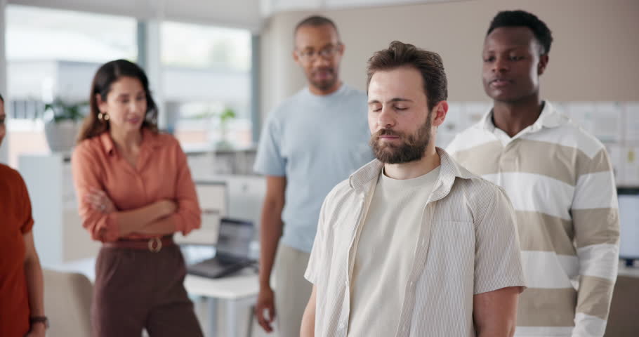 Business people, game and team building with trust fall for support, coordination or development at office. Group, employees or playing with applause for communication, collaboration or work exercise