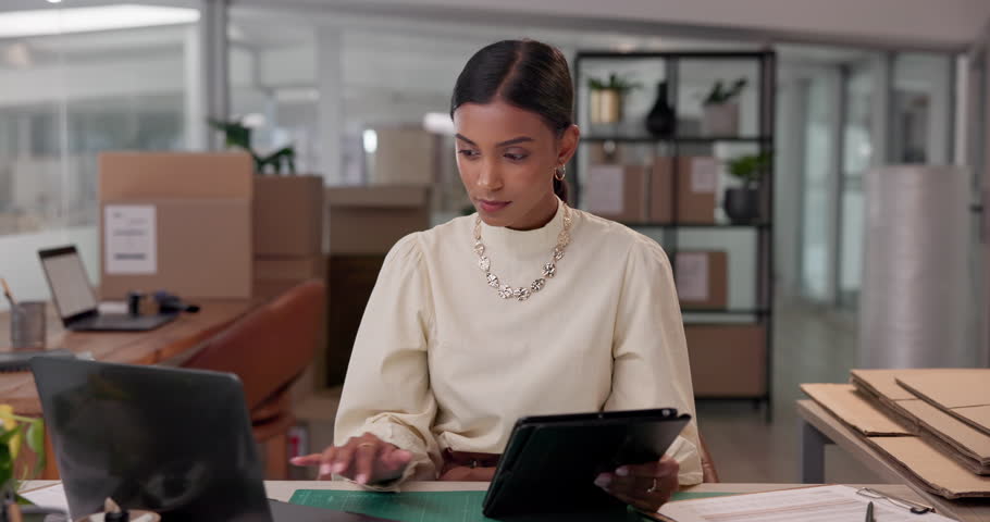 Logistics, laptop and woman in online shop with tablet for customer service, order processing and planning. Small business, owner and delivery administration with price update or dropshipping reviews
