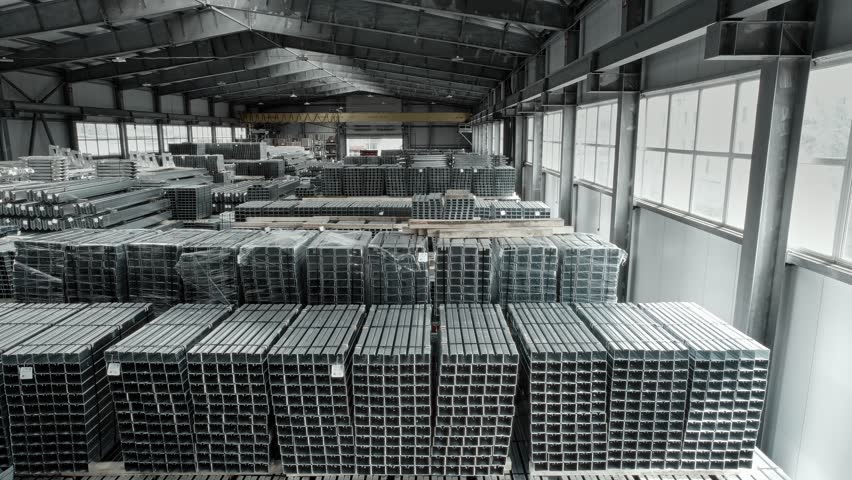 Finished goods warehouse. Steel beams and posts with galvanization, stored in the warehouse.