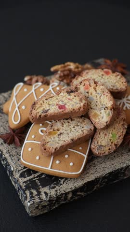 Christmas cantuccini cookies with nuts and candied fruits, gingerbread, preparation for the New Year celebration