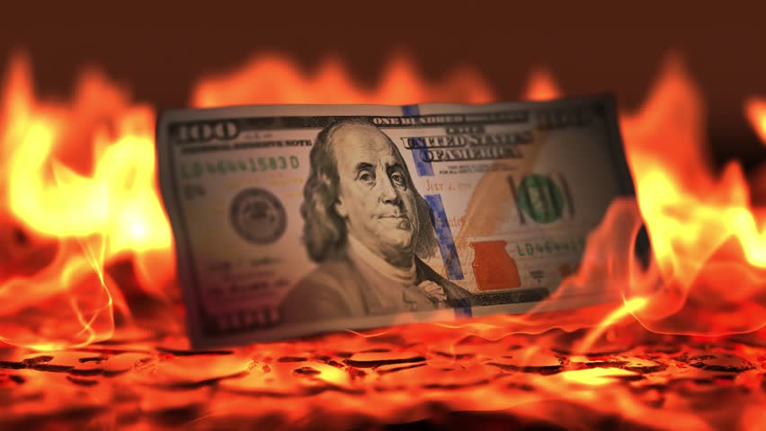 A detailed animation of a 100-dollar bill engulfed in flames, symbolizing market volatility. Perfect for financial news, currency markets, or business visuals.
