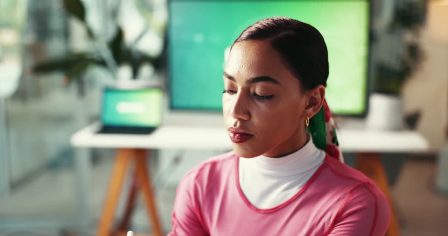 Creative, serious and woman with tablet, talent and stylus for web design, illustration and project. Office, graphic designer and person with skills for business, planning and artist with app