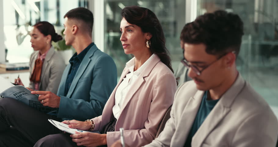 Business woman, question and discussion at conference, tradeshow or announcement with seminar event. Policy workshop, ask and answer with training, proposal notes or feedback for presentation pitch