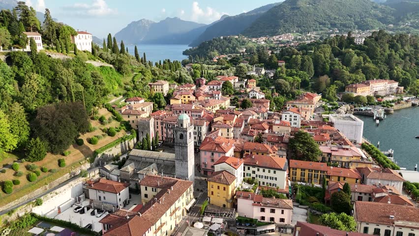 Drone footage of Bellagio town on Lake Como, Italy