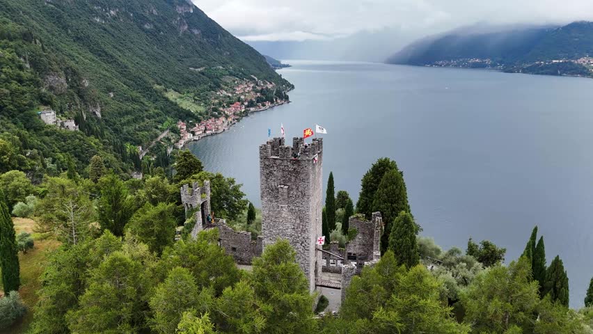 Drone shot of Vezio Castle, Varenna, Lake Como, Italy