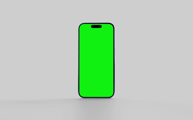 Smartphone with green display isolated on white background. Iphone mockup concept graphic template. 3d rendered illustration