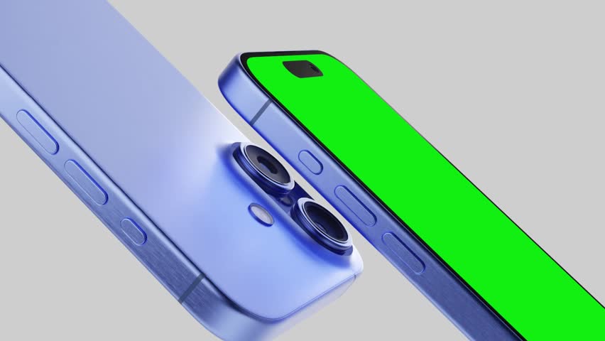 Smartphone with green display isolated on white background. Iphone mockup concept graphic template. 3d rendered illustration