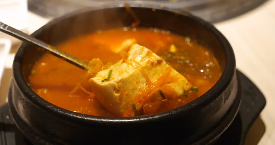 Korean Spicy Soft Tofu Stew(Sundubu),closeup shot