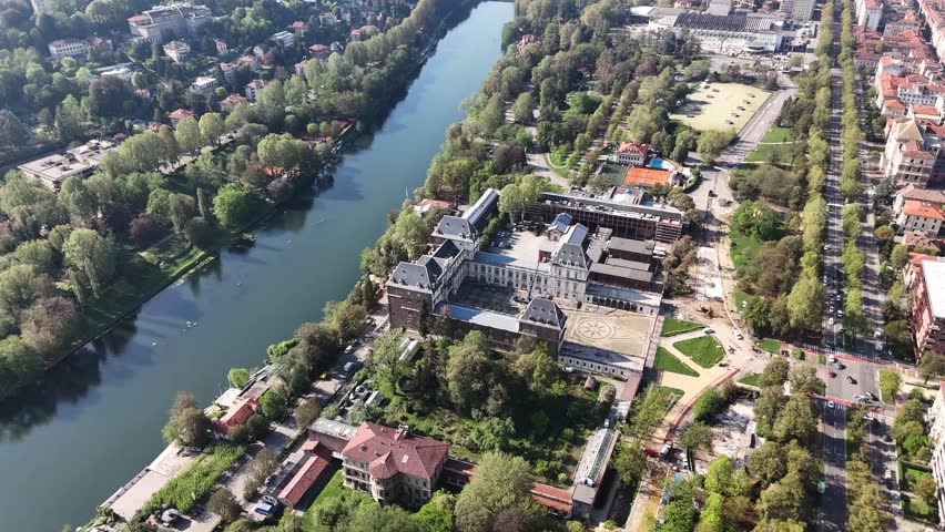 Drone shot of the Valentino Castle in Valentino Park in Turin, Italy