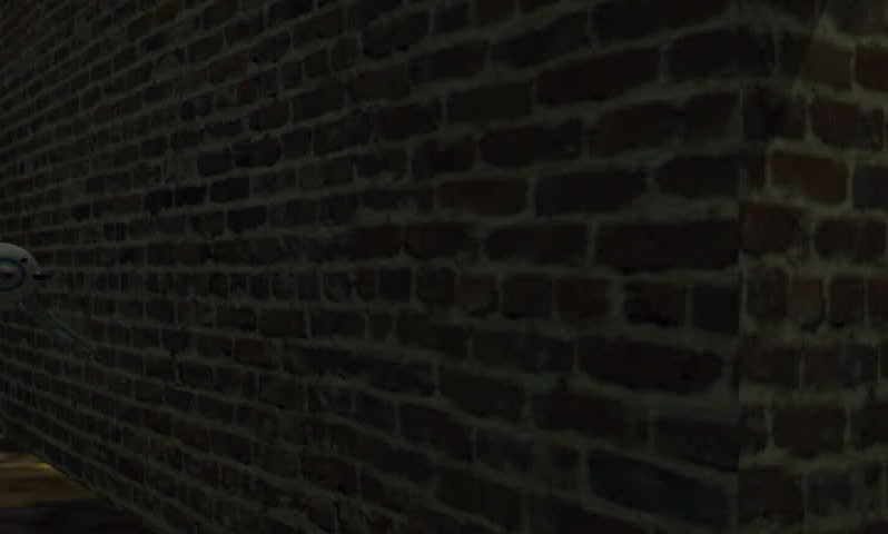 A 3d robot probe patroling a dark street or alley passing from shadows to light
