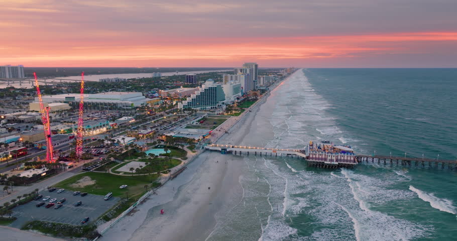 Daytona Beach city Main Street Pier and Breakers Oceanfront Park with amusement fairground on Florida Atlantic coast. Tourist infrastructure in southern USA.