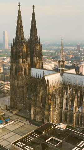 Aerial Vertical view of cityscape of Cologne, Germany, Europe. Cathedral Church of Saint Peter in historic city center