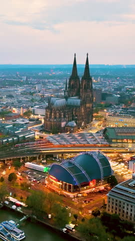 Aerial Vertical view of cityscape of Cologne, Germany, Europe. Cathedral Church of Saint Peter in historic city center