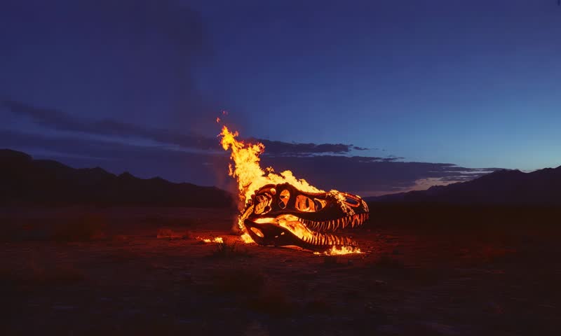 a burning t-rex dinosaur’s skull in the middle of desert at night