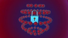 Light blue padlock rotating, transforming and disappearing, surrounded by red and blue spheres on a gradient background - Powered by Shutterstock - Get 15% off with code: PIKWIZARD15