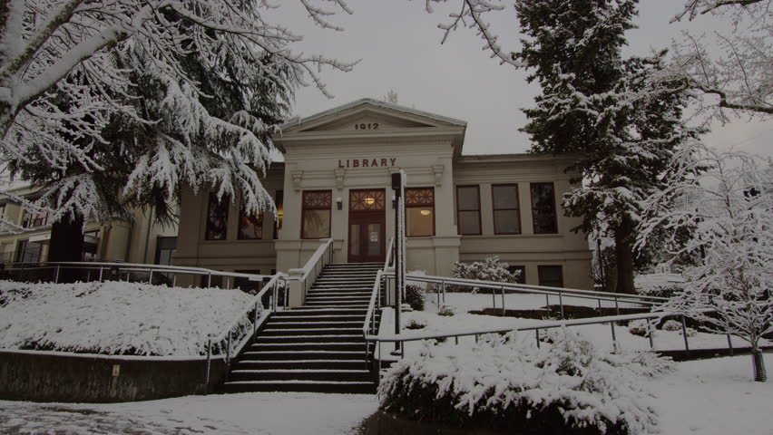 still winter shot of Ashland library and stairs entry Oregon United States