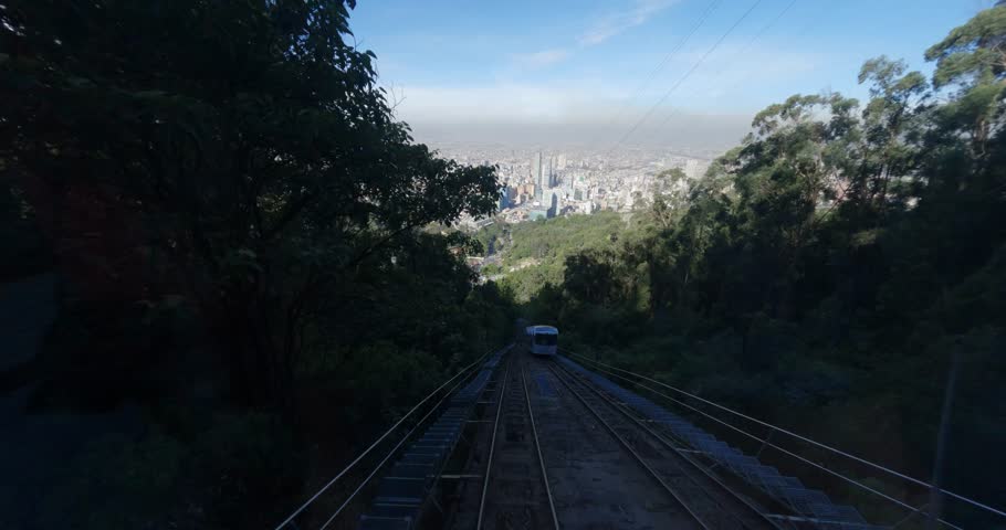 Train transportation by cable from the top of Cerro de Monserrate, Bogota, Columbia with stunning view to Bogota City.