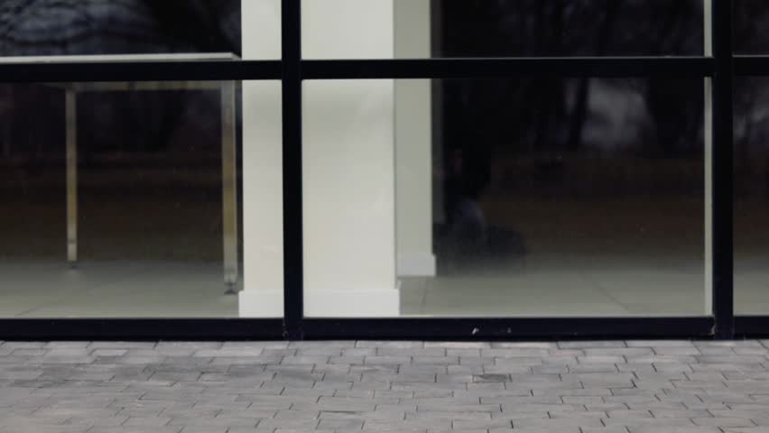 Elegant sophisticated woman strolling city street, wearing black boots and white coat, carrying shopping bag with vibrant red tulips against modern glass building backdrop architectural background