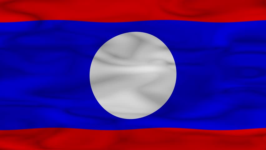 The flag of Laos consists of three horizontal stripes, with the middle stripe in blue being twice the height of the top and bottom red stripes. In the middle is a white disc