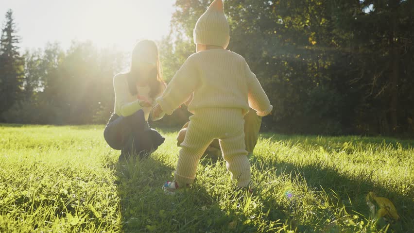 In a sunlit garden, a toddler takes their first steps, guided by a watching parent. The warm sunlight casts playful shadows in a peaceful outdoor setting.