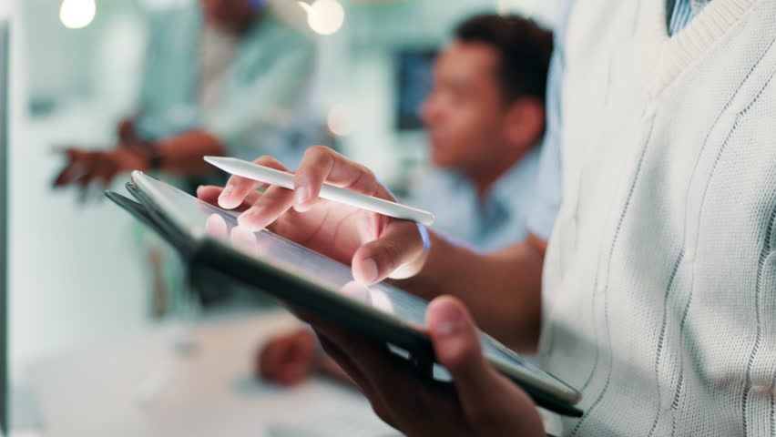 Man, hands and web designer writing with tablet for UI testing, UX or app development at office. Closeup, male person or software developer with pen on technology for online prototype or AI platform