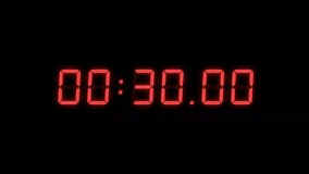 6 Digits Red Digital Countdown Timer Starting at 00:30:00 (30 seconds) on Black Background, Featuring High-Visibility LED Display. 4K Motion Graphics. - Powered by Shutterstock - Get 15% off with code: PIKWIZARD15