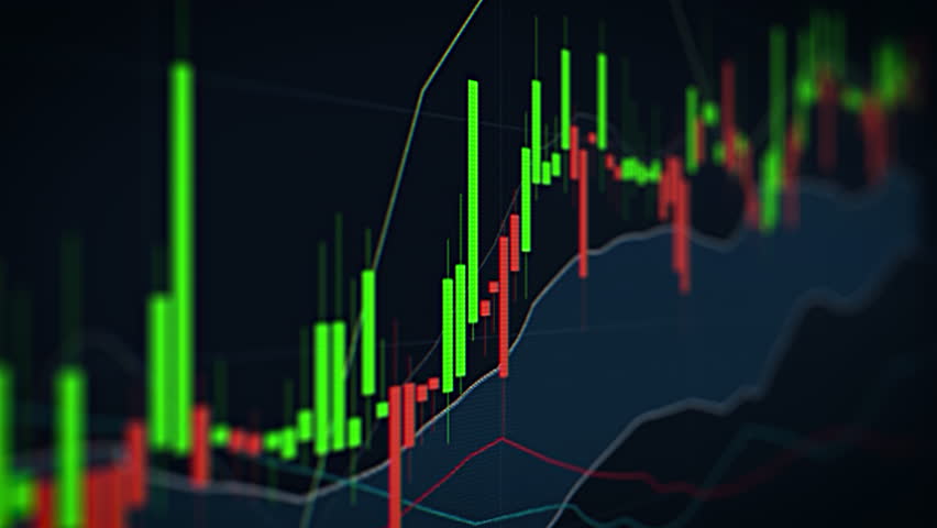 Close Up Computer Display with Red and Green Candlestick Charts with Financial Stock Market Information. Business, Digital Banking, Trading Software, Finance and Economy Concept