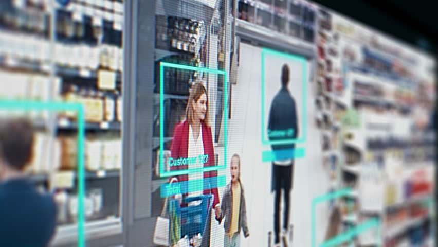 Security Camera Footage with a Mother and a Child in Supermarket. Sophisticated Software with Artificial Intelligence Face Recognition and Customer Identification. People Shopping in a Grocery Store