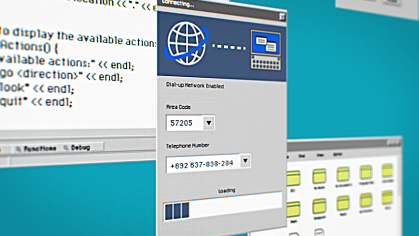 Nostalgic Process of Connecting to the Internet via Dial-up Modem on a Computer. Retro Interface Elements and Loading Animations on Screen. Tech Journey to the Early Days of Online Connectivity