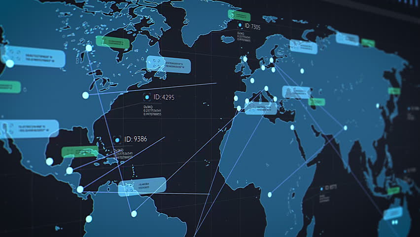 World Map Logistics Software with Real-time Data Points and Connections, Optimizing Global Supply Chain Efficiency. Internet App Visualizing Routes, Tracking Shipments and Gives Operational Insights