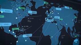 World Map Logistics Software with Real-time Data Points and Connections, Optimizing Global Supply Chain Efficiency. Internet App Visualizing Routes, Tracking Shipments and Gives Operational Insights - Powered by Shutterstock - Get 15% off with code: PIKWIZARD15