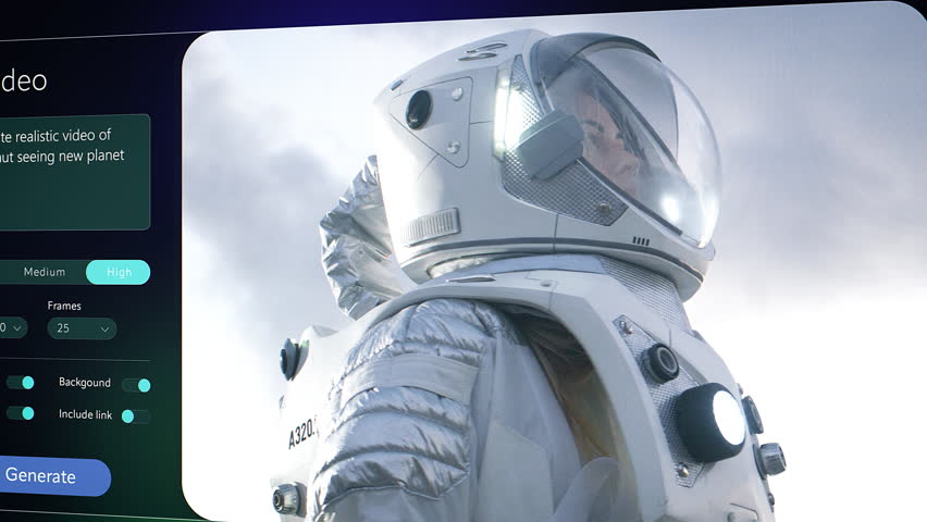 Artificial Intelligence Software on a Computer Promted to Create an AI Generated Content with an Astronaut. Text to Video App Showing a Futuristic Scene with a Female Astronaut Exploring a New Planet