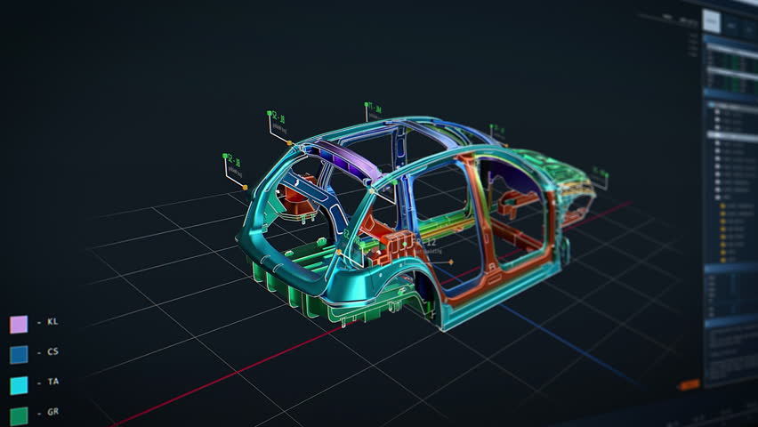 3D Graphics Visualization with Electric Car Frame Manipulate in CAD Software for Engineers. Animation of a Concept Vehicle on a Computer Screen. Professional Software for Automobile Industry