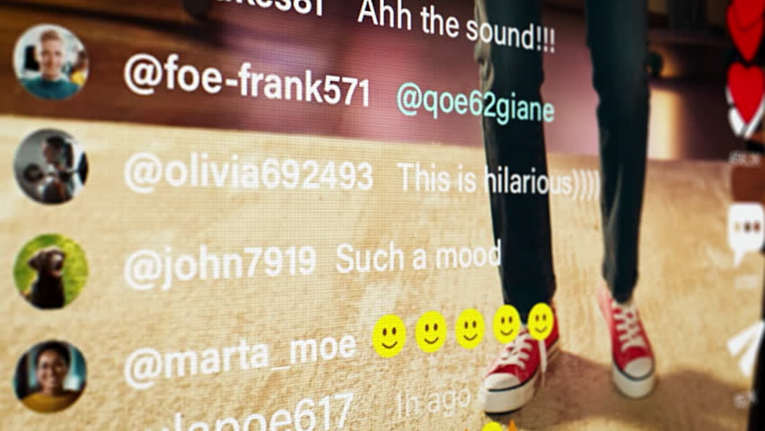 Beautiful Female Internet Influencer Dancing on Video on a Social Media Platform, Receiving a Lot of Likes and Reactions from Fans and Followers. Online Community Supporting Content Creator