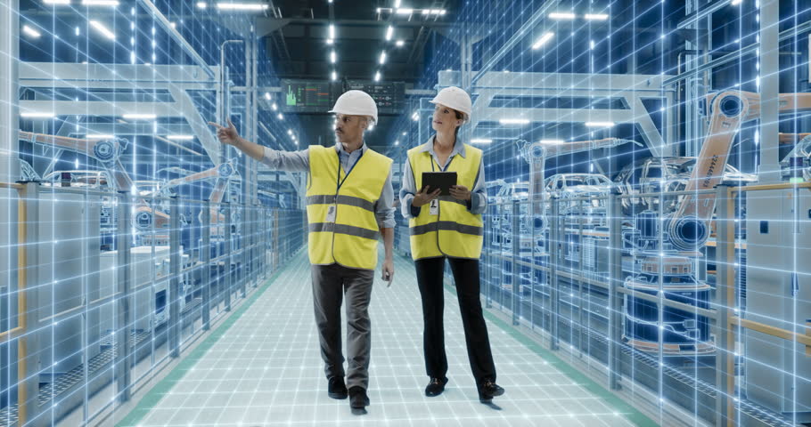 Engineers Discussing Work while Digital Visualization Analyzing, Scanning Automated Conveyor Line with Robotic Arms, Showing Information and Analytics. Car Factory Digitalization Industry 4.0 Concept