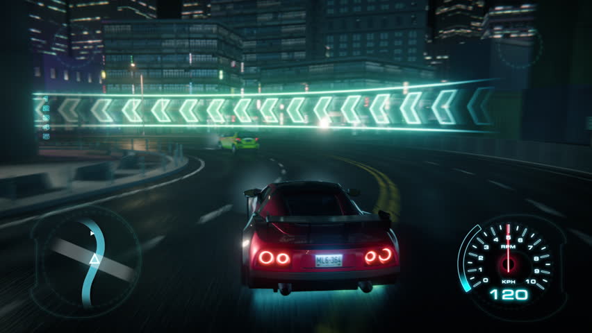 Gameplay of a Racing Simulator Video Game. Red 3D Car Driving Fast and Drifting on a Night Speedway in a Modern City. VFX Animation for Screen Replacement. Player Declared Winner. Playback Template