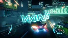 Gameplay of a Racing Simulator Video Game. Red 3D Car Driving Fast and Drifting on a Night Speedway in a Modern City. VFX Animation for Screen Replacement. Player Declared Winner. Playback Template - Powered by Shutterstock - Get 15% off with code: PIKWIZARD15