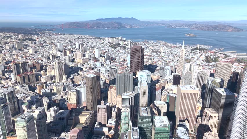 Aerial footage of Downtown district of  San Francisco skyline on a sunny day, California.