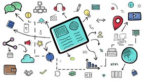 Hand-drawn icons representing various aspects of business, communication, and technology converging towards a central digital tablet, symbolizing connectivity and information flow - Powered by Shutterstock - Get 15% off with code: PIKWIZARD15