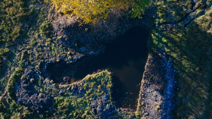 Above View Of A Small Pond Near Rural Fields During Autumn. Aerial Shot