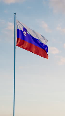 Slovenia Ljubljana Flag Vertical Cinematic Realistic Waving Dolly Out Blue Sky