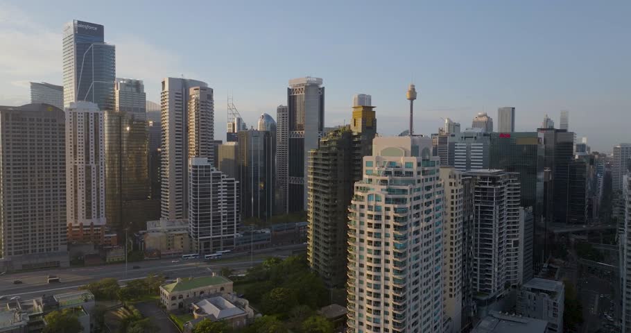 Aerial view of beautiful modern skyscrapers and busy streets in the business district, Sydney, Australia.