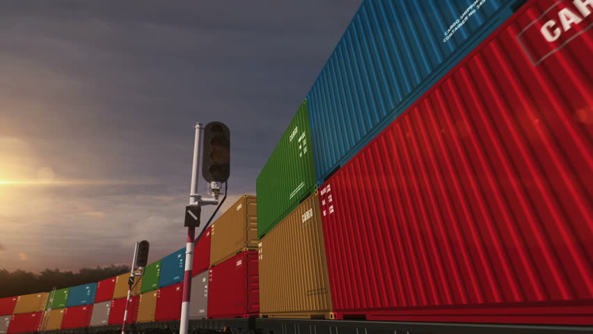 Cargo transport import export containers on a railway freight wagons loop. Business concept of train transport and shipping with a International trade. 3D loopable and seamless.