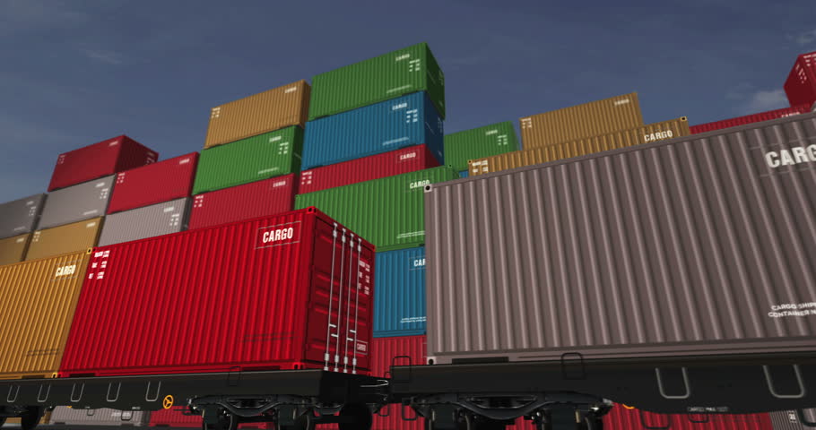 Cargo transport import export containers on a freight wagons loop. Business concept of railway train transport and shipping with a International trade. 3D loopable and seamless animation.