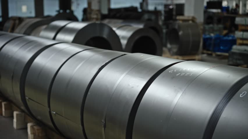 Sheet steel in rolls, in a mini warehouse of a manufacturing company. Workshop for the production of various parts.