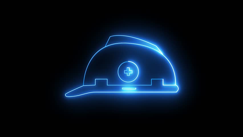 A factory work for use of safety first . friendly industrial worker wearing safety cap neon animated . 4k motion video.