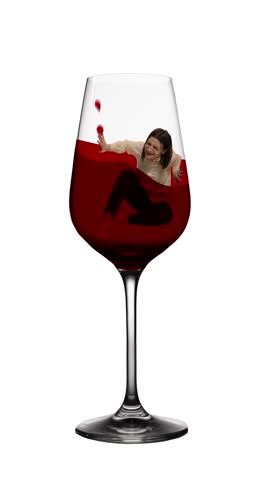 Young woman sitting inside glass with red wine. Female alcoholism, depression and problems. Conceptual design. Concept of addiction, alcoholism, medical treatment, healthcare. Stop motion, animation