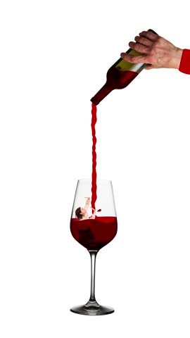 Young woman sitting inside glass with red pouring wine. Female alcoholism and problems. Conceptual design. Concept of addiction, alcoholism, medical treatment, healthcare. Stop motion, animation.