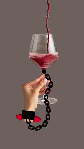Female hand with chain connected to wine glass. Conceptual design. Problems with over drinking alcohol. Stop motion, animation. Concept of addiction, alcoholism, treatment, healthcare, surrealism